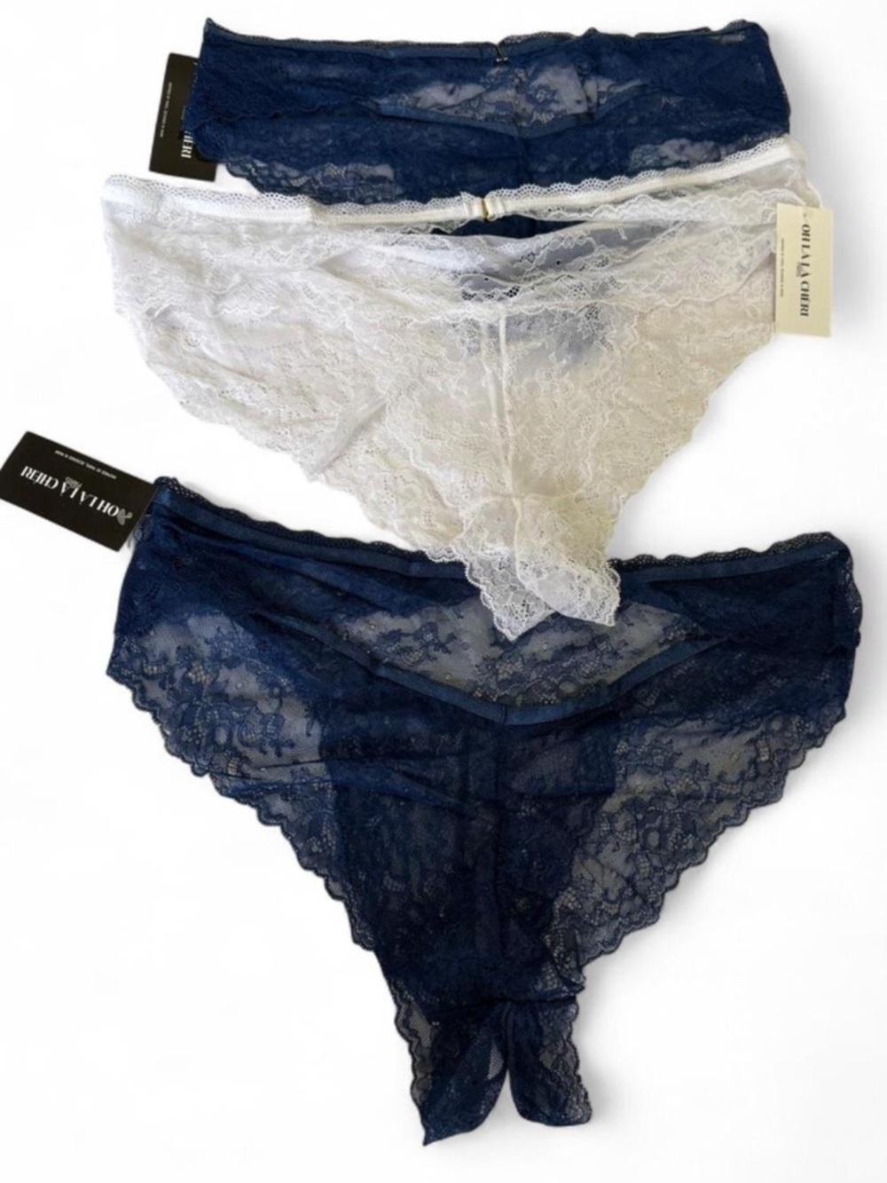 OH LaLa Cheri Navy & White Lace Bikini Panty Trio